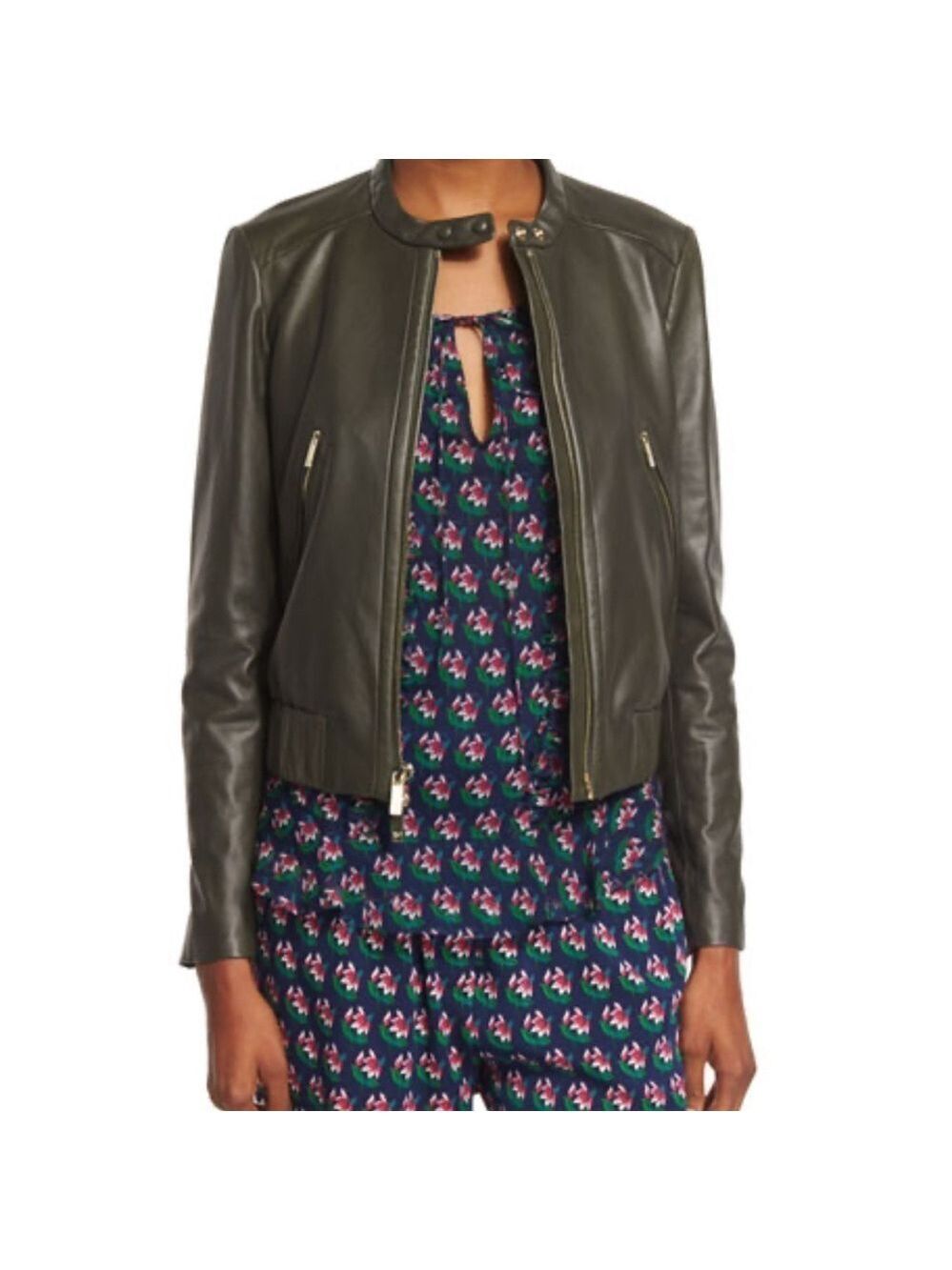 Diane Von Furstenberg green buckley leather biker moto jacket in Deep Lichen S